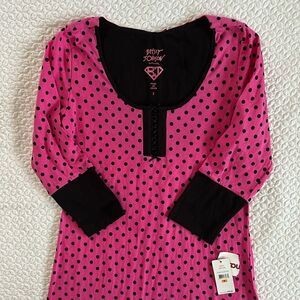 Betsey Johnson Intimates Hot Pink Black Polka Dots Nightie Pajama Top Size S